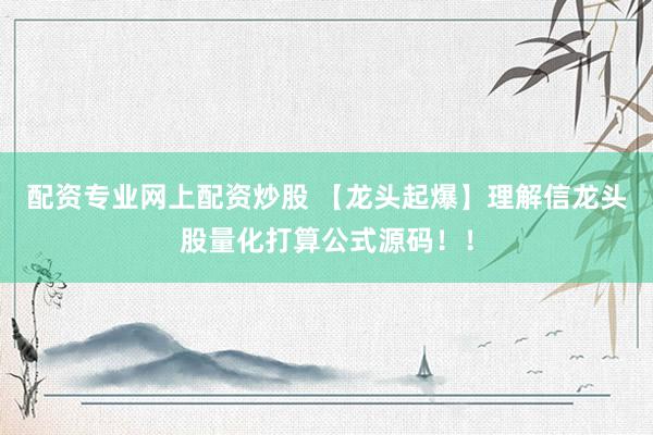 配资专业网上配资炒股 【龙头起爆】理解信龙头股量化打算公式源码！！